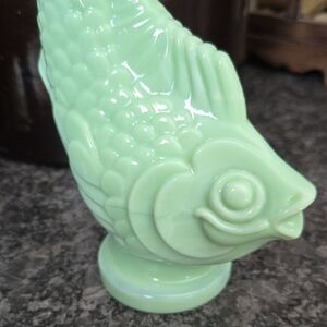 Avon Vintag Koi Fish Jadite Green Colored Glass with Plastic Top Bath OilBottle